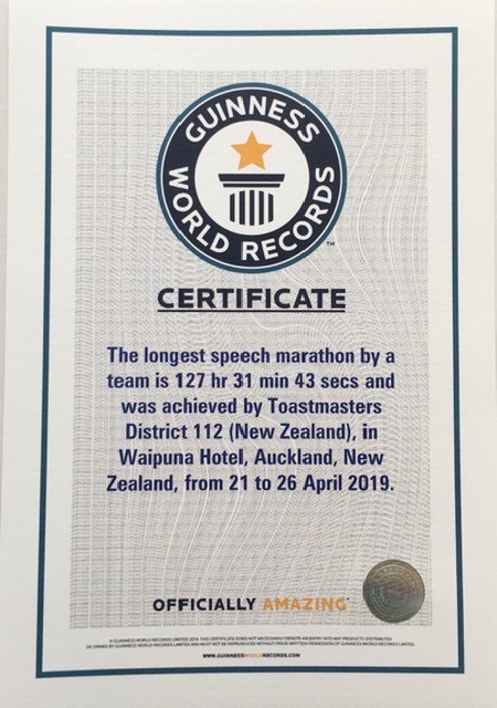 Guinness World record certificate - the full size one hangs in the reception at Waipuna