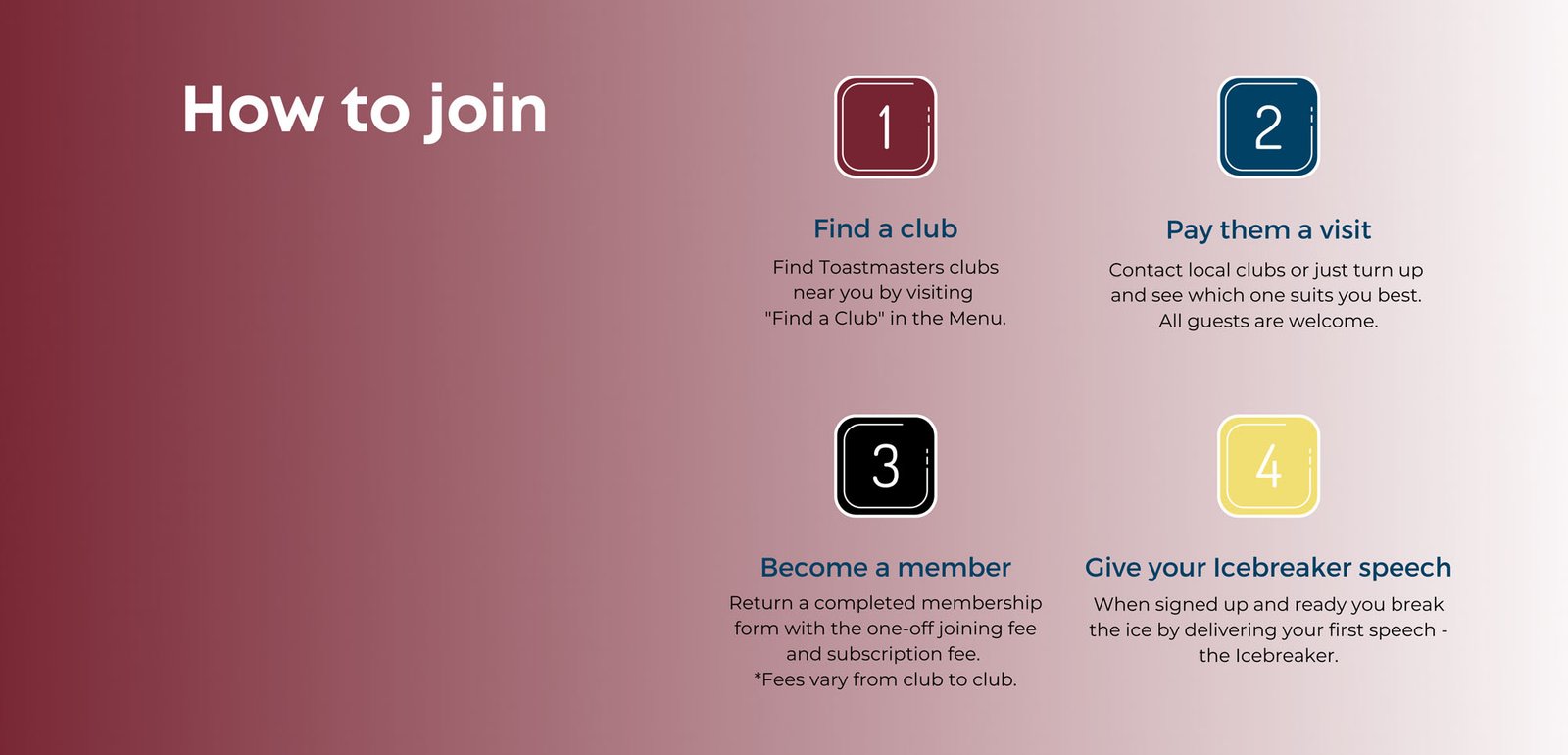 How to join: 1. Find a club. Find Toastmasters clubs near you by visiting "Find a Club" in the Menu. 2. Pay them a visit. Contact local clubs or just turn up and see which one suits you best. All guests are welcome. 3. Become a member. Return a completed membership form with the one-off joining fee and subscription fee. *Fees vary from club to club. 4. Give your Icebreaker speech. When signed up and ready you break the ice by delivering your first speech - the Icebreaker.
