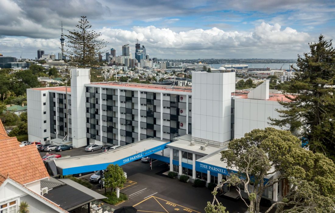 The Parnell Hotel and Conference centre, taken by drone, with central Auckland in the background.