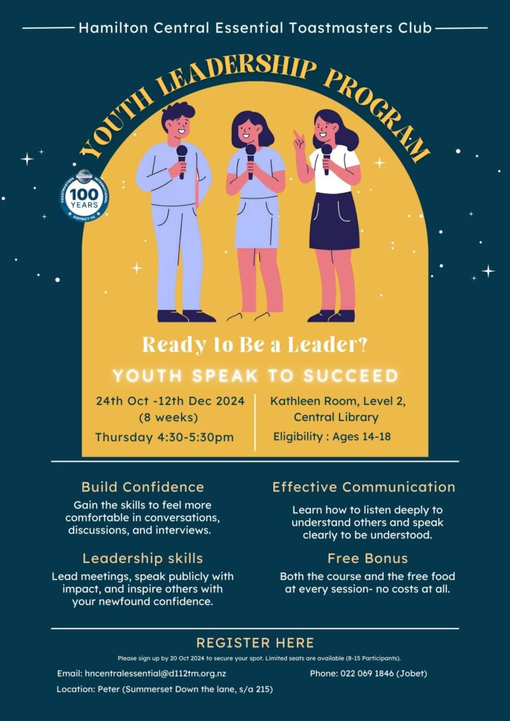 Promotional information for Hamilton Central Essential Youth Leadership course, October to November, 2024