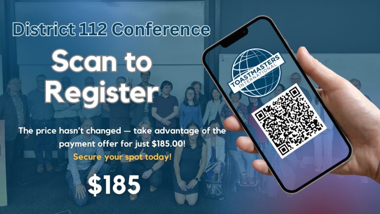 In the foreground, a hand holds a mobile phone, showing a QR code linking through to the registration page. The text on the rest of the image encourages scanning this code to register and gives a price of 185 dollars.