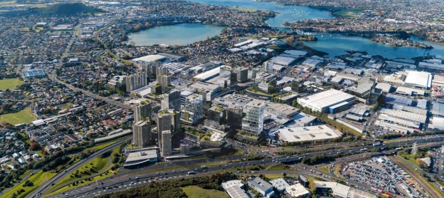 Aerial view of Sylvia Park, Auckland, with the Southern Motorway in the foreground, looking towards the Panmure Lagoon